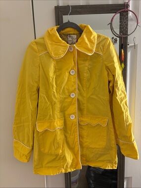 Tulle Bright Yellow Button-Front Rain Coat with White Piping, from ModCloth